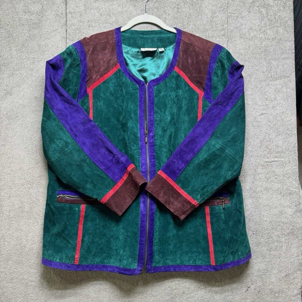 Suede Jacket Womens 3X Blazer‎ Coat Purple Green Colorful Office Vtg 80s 90s